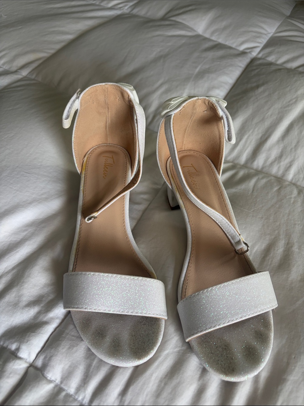 Tularosa White Glitter Ankle-Strap Block Heel Sandals